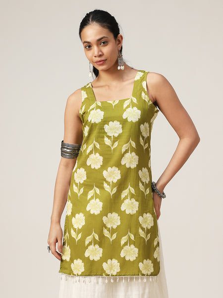 Cotton Hip Length Printed Sleeveless Square Neck Straight Top