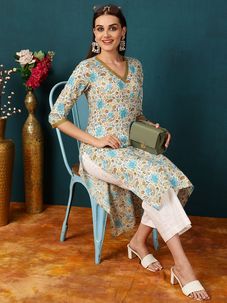 Rayon  Calf length Length Floral  Straight 3/4 Sleeves V  Kurta