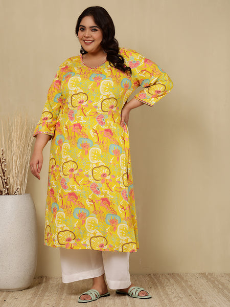 Rayon Calf Length Printed Straight 3/4 Sleeves V-Neck Kurta