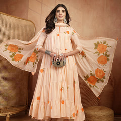 Gulmohar Jaipur Malmal Calf Length Printed 3/4 Sleeves Round Neck Anarkali Kurta Suit Set