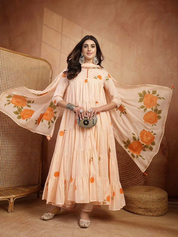 Gulmohar Jaipur Malmal Calf Length Printed 3/4 Sleeves Round Neck Anarkali Kurta Suit Set