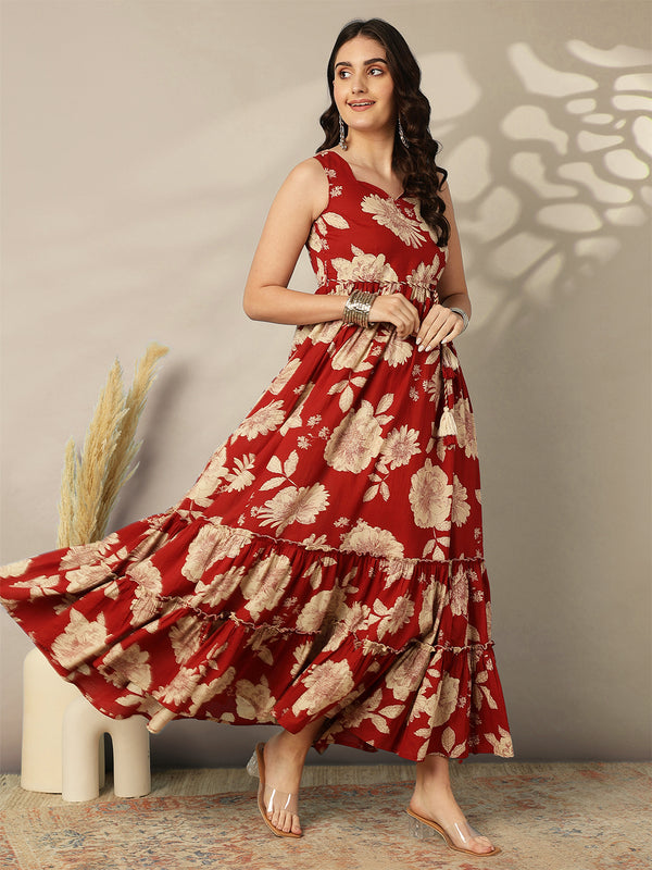 Cotton Calf Length Printed Flared Sleeveless Sweetheart Neck Dress
