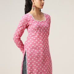 Cotton Hip Length Printed Full Sleeve Sweet Heart Neck Straight Top