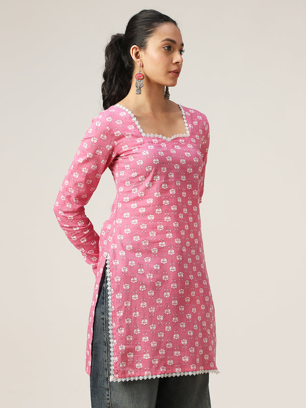 Cotton Hip Length Printed Full Sleeve Sweet Heart Neck Straight Top