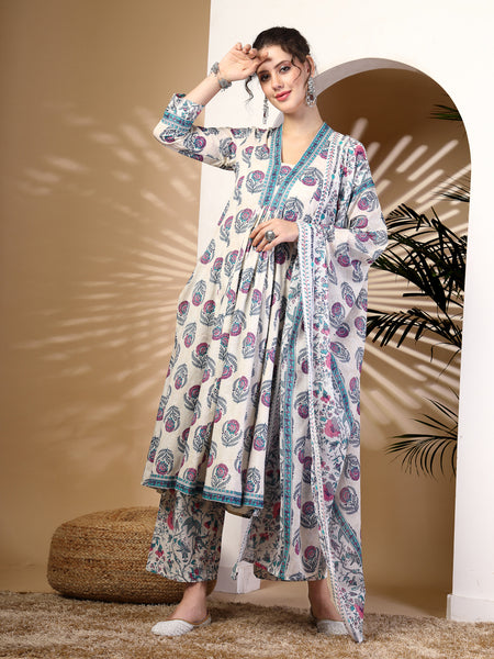 Blue Cotton Calf Length Printed V-Neck Anarkali Kurta Suit Set