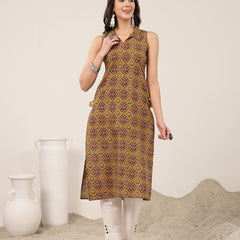 Rayon Calf Length Printed Sleeveless Shirt Collar Straight Kurta