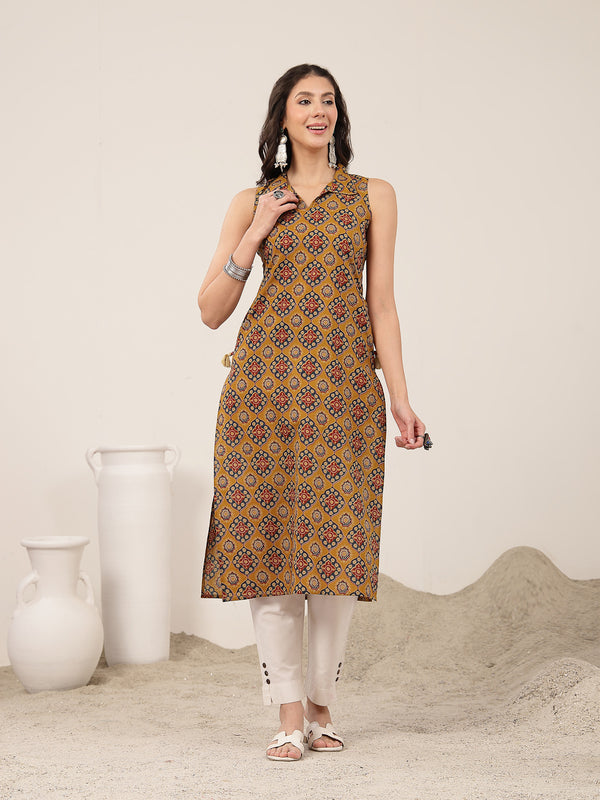 Rayon Calf Length Printed Sleeveless Shirt Collar Straight Kurta