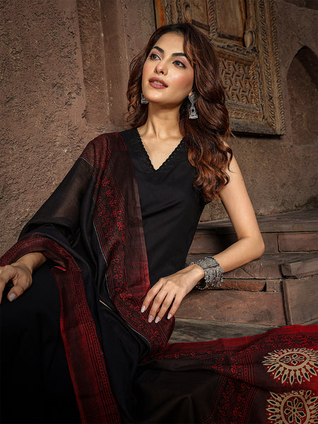 Gulmohar Jaipur Rayon Calf Length Solid Sleeveless V-Neck Straight Kurta Suit Set