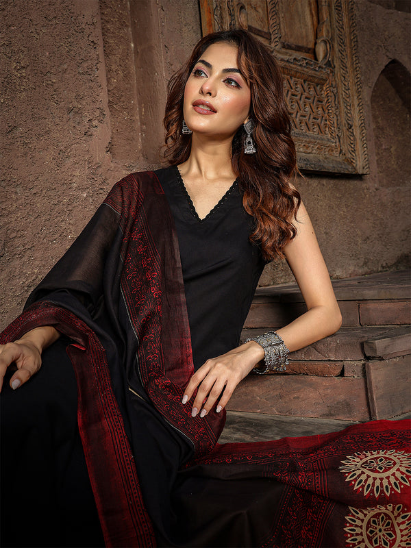 Gulmohar Jaipur Rayon Calf Length Solid Sleeveless V-Neck Straight Kurta Suit Set