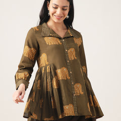 Cotton Hip Length Printed Full Sleeve Shirt Collar Flared Top