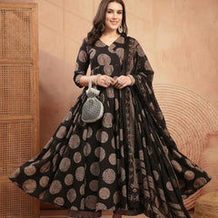 Gulmohar Jaipur Cotton Calf Length Printed 3/4 Sleeve V-Neck Anarkali Kurta Suit Set