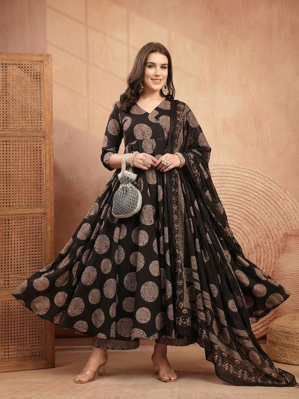 Gulmohar Jaipur Cotton Calf Length Printed 3/4 Sleeve V-Neck Anarkali Kurta Suit Set