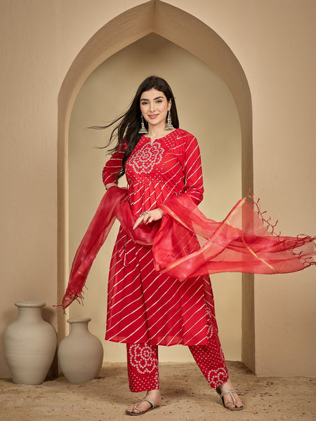 Gulmohar Jaipur Cotton Calf Length Printed 3/4 Sleeves Round Neck Flared Kurta Suit Set