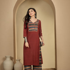 Gulmohar Jaipur Rayon Calf Length Solid 3/4 Sleeves V-Neck Straight Kurta Suit Set