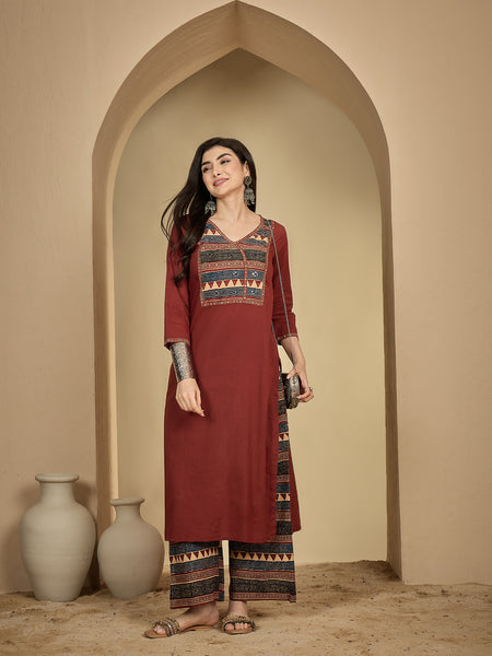 Gulmohar Jaipur Rayon Calf Length Solid 3/4 Sleeves V-Neck Straight Kurta Suit Set