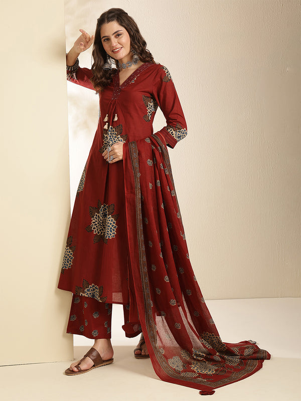 Maroon Pure Cotton Printed 3/4 Sleeves V-Neck Straight Kurta Suit Set