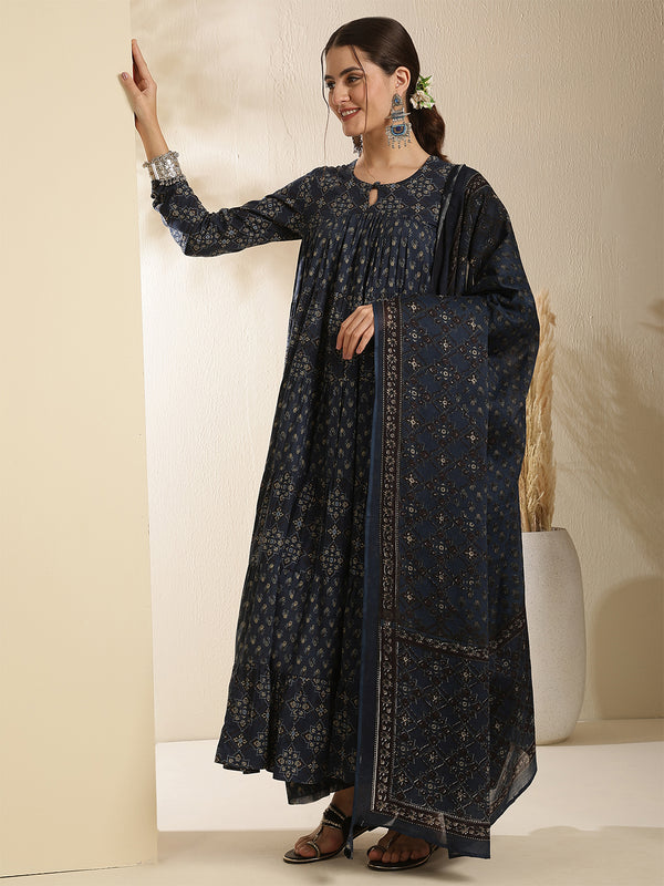 Maroon Pure Cotton Printed Keyhole Neck Anarkali Kurta Suit Set