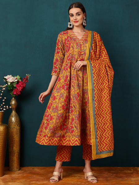 Cotton  Calf length Length Floral  Semi-Flared 3/4 Sleeves V  Kurta Bottom Dupatta Set