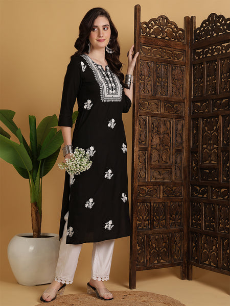 Maroon Cotton Calf Length Printed Straight Round Neck Kurta Black Rayon Embroidered Calf Length Solid Straight Round Neck Kurta