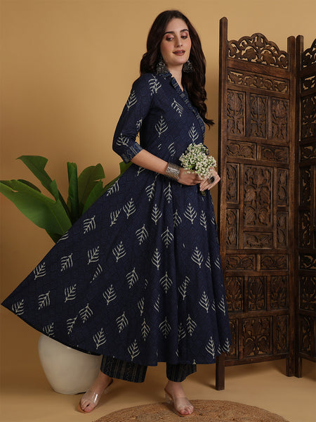 Navy Blue Cotton Calf Length Printed Flared V-Neck Kurta Suit Set