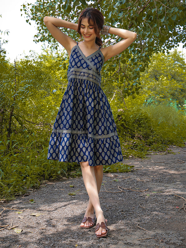 Gulmohar Jaipur Cotton Knee Length Printed Strappy Sleeve V-Neck Flared Dress