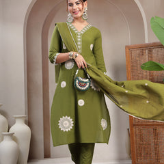 Cotton Calf Length Solid 3/4 Sleeve V-Neck Straight Kurta Suit Set