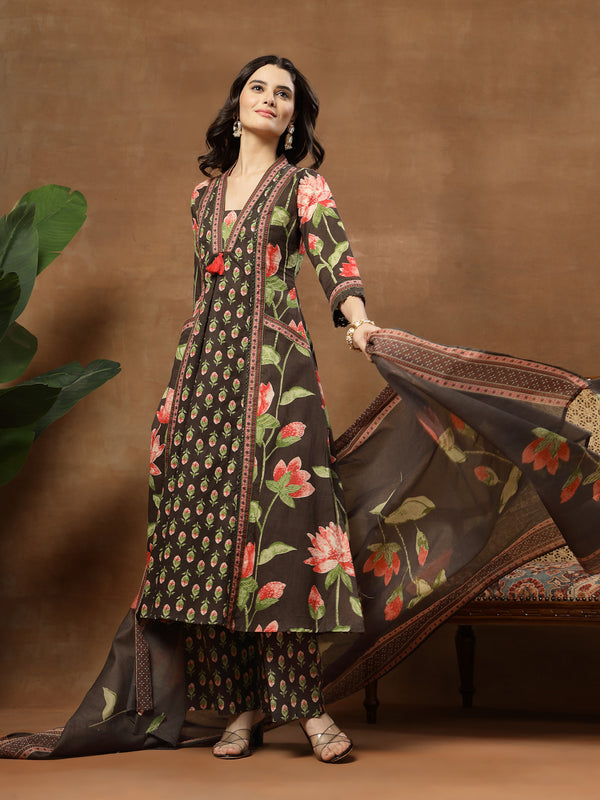Cotton Calf Length Printed 3/4 Sleeves V-Neck Flared Kurta Suit Set