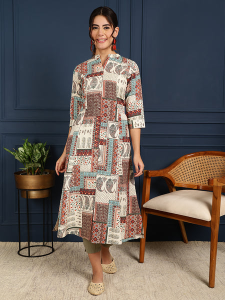 Maroon Cotton Flex Calf Length Printed Mandarin Coller A-Line Kurta