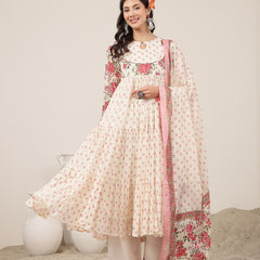 Malmal Calf Length Printed Full Sleeve Key Hole Neck Flared Kurta Suit Set