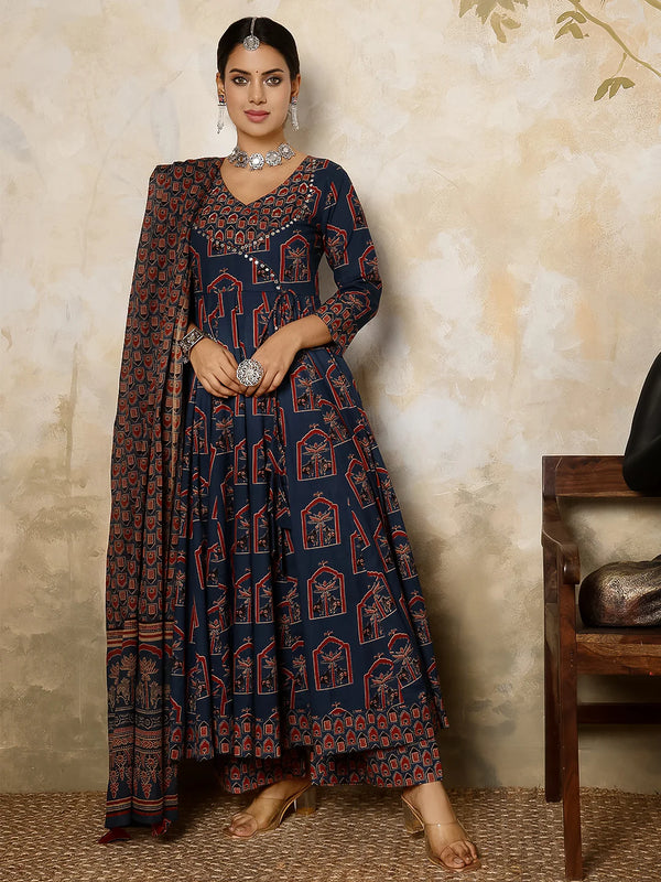 Cotton Calf Length Printed V-Neck Anarkali Kurta Suit Set