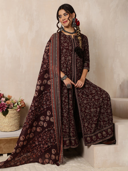 Wine Cotton Calf Length Printed Round Anarkali Neck Kurta Suit Set