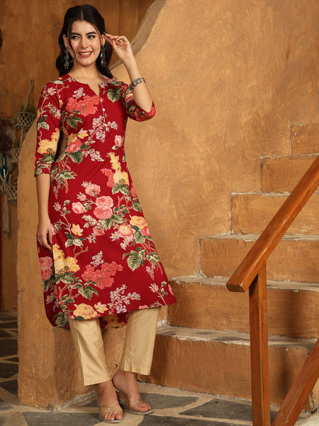 Maroon Cotton Calf Length Printed Straight Round Neck Kurta
