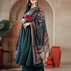 Gulmohar Jaipur Rayon Calf Length Printed 3/4 Sleeves Round Neck A-Line Kurta Suit Set