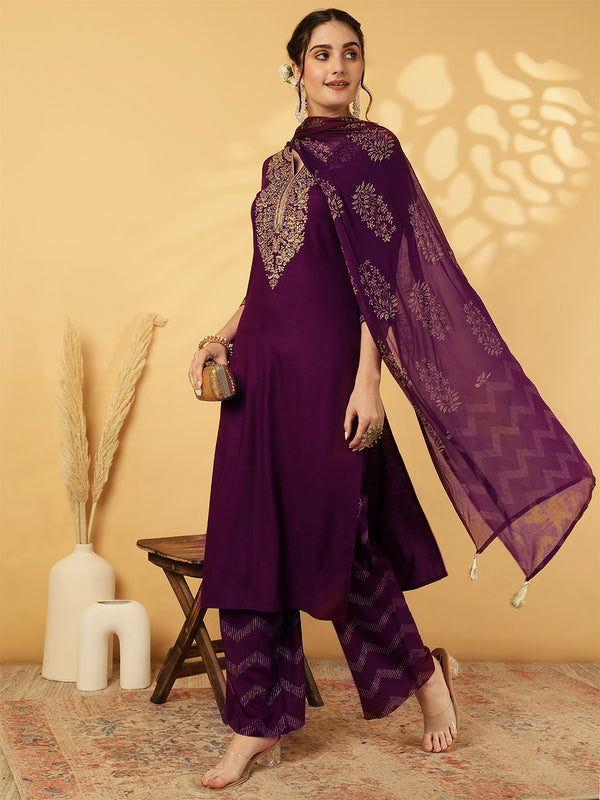 Rayon Calf Length Solid Straight 3/4 Sleeves Round Neck Kurta Bottom Dupatta Set