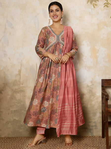 Pink Rayon Calf Length Printed V-Neck Flared Kurta Suit Set