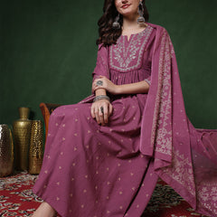 Cotton Calf Length Printed 3/4 Sleeves Round Neck Semi-Flared Kurta Suit Set