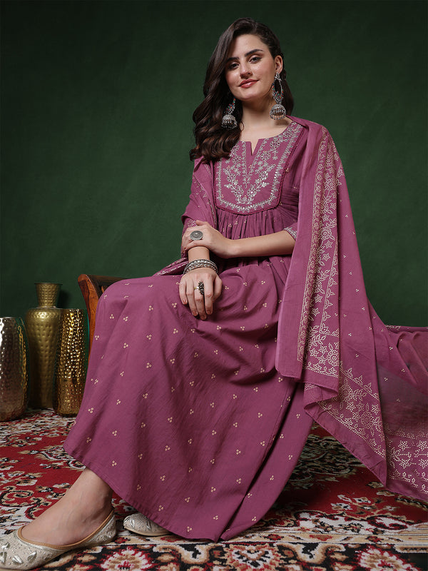 Cotton Calf Length Printed 3/4 Sleeves Round Neck Semi-Flared Kurta Suit Set