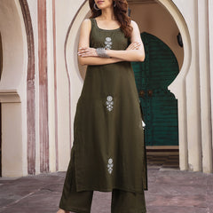Gulmohar Jaipur Rayon Calf Length Solid Sleeveless Round Neck Straight Kurta Suit Set