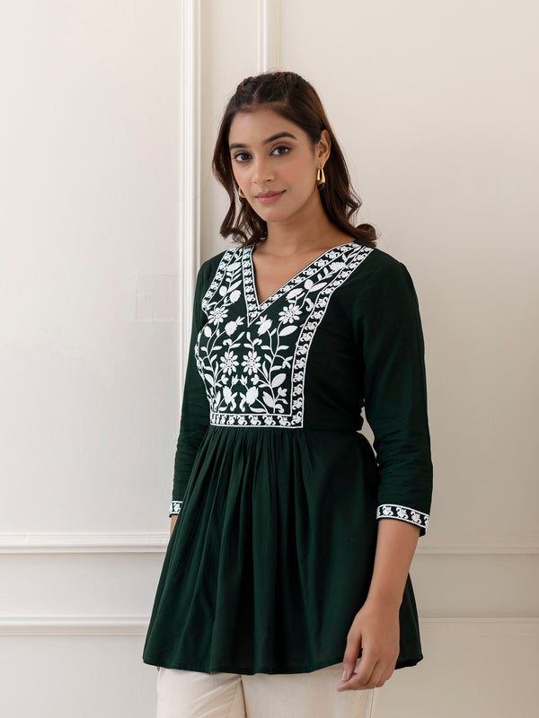Bottle Green Rayon Hip Length Solid V-Neck Solid Embroidered Semi-Flared Top