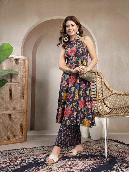 Cotton Calf Length Printed Sleeveless Round Neck Flared Kurta Suit Set