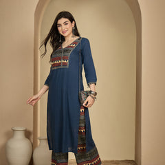 Gulmohar Jaipur Rayon Calf Length Solid 3/4 Sleeves V-Neck Straight Kurta Suit Set