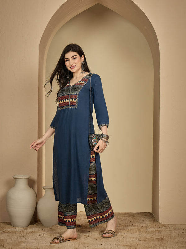 Gulmohar Jaipur Rayon Calf Length Solid 3/4 Sleeves V-Neck Straight Kurta Suit Set