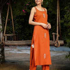 Gulmohar Jaipur Rayon Calf Length Solid Sleeveless Round Neck Straight Kurta Suit Set