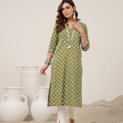 Cotton Calf Length Printed 3/4 Sleeve V-Neck Straight Kurta