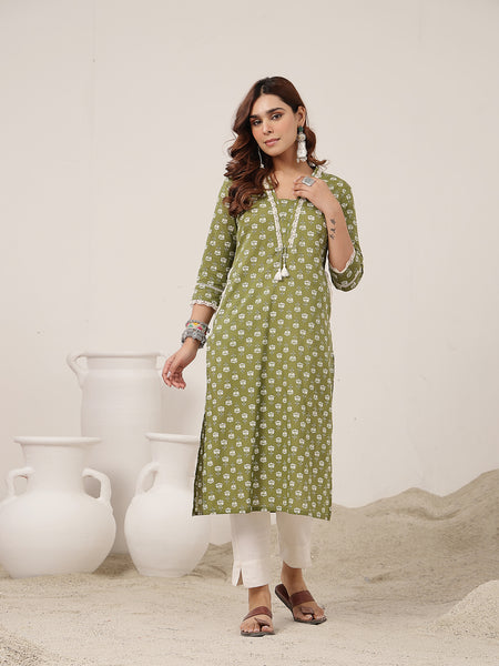 Cotton Calf Length Printed 3/4 Sleeve V-Neck Straight Kurta