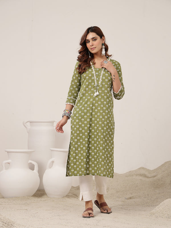 Cotton Calf Length Printed 3/4 Sleeve V-Neck Straight Kurta