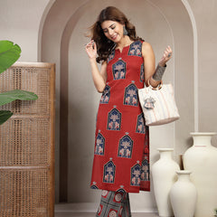 Cotton Calf Length Printed Sleeveless Round Neck Straight Kurta Suit Set