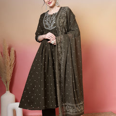 Cotton Calf Length Printed 3/4 Sleeves Round Neck Semi-Flared Kurta Suit Set