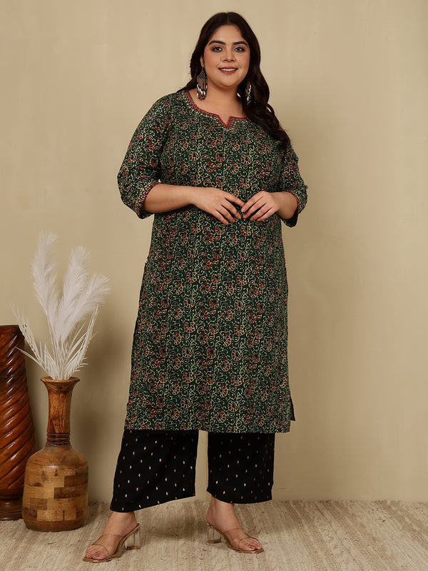Cotton Calf Length Printed Straight 3/4 Sleeves Round Kurta Suit Set (Plus+)