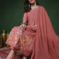 Peach Rayon Calf Length Solid 3/4 Sleeves Round Neck Semi-Flared Kurta Suit Set